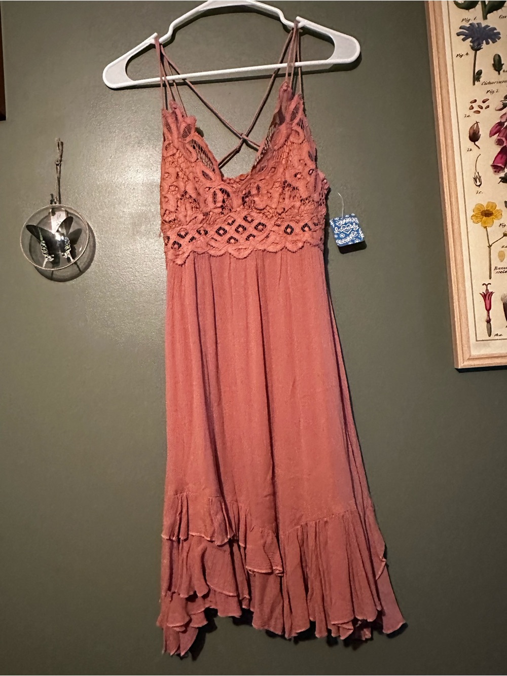 Free People Dusty Rose Lace Bodice Spaghetti Strap Mini Dress
